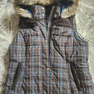 Ariat Brown Plaid Hooded Vest with Faux Fur Trim